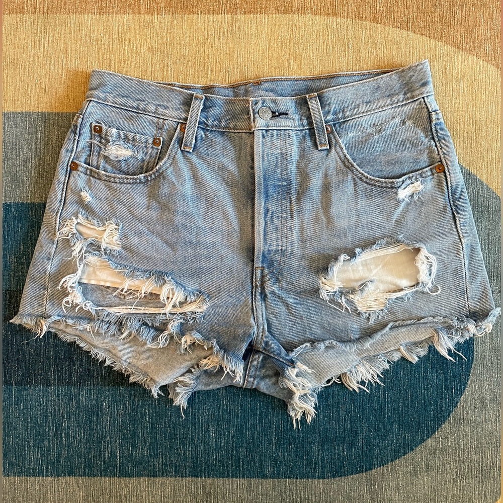 Levis Premium distressed 501 bleach blue denim shorts